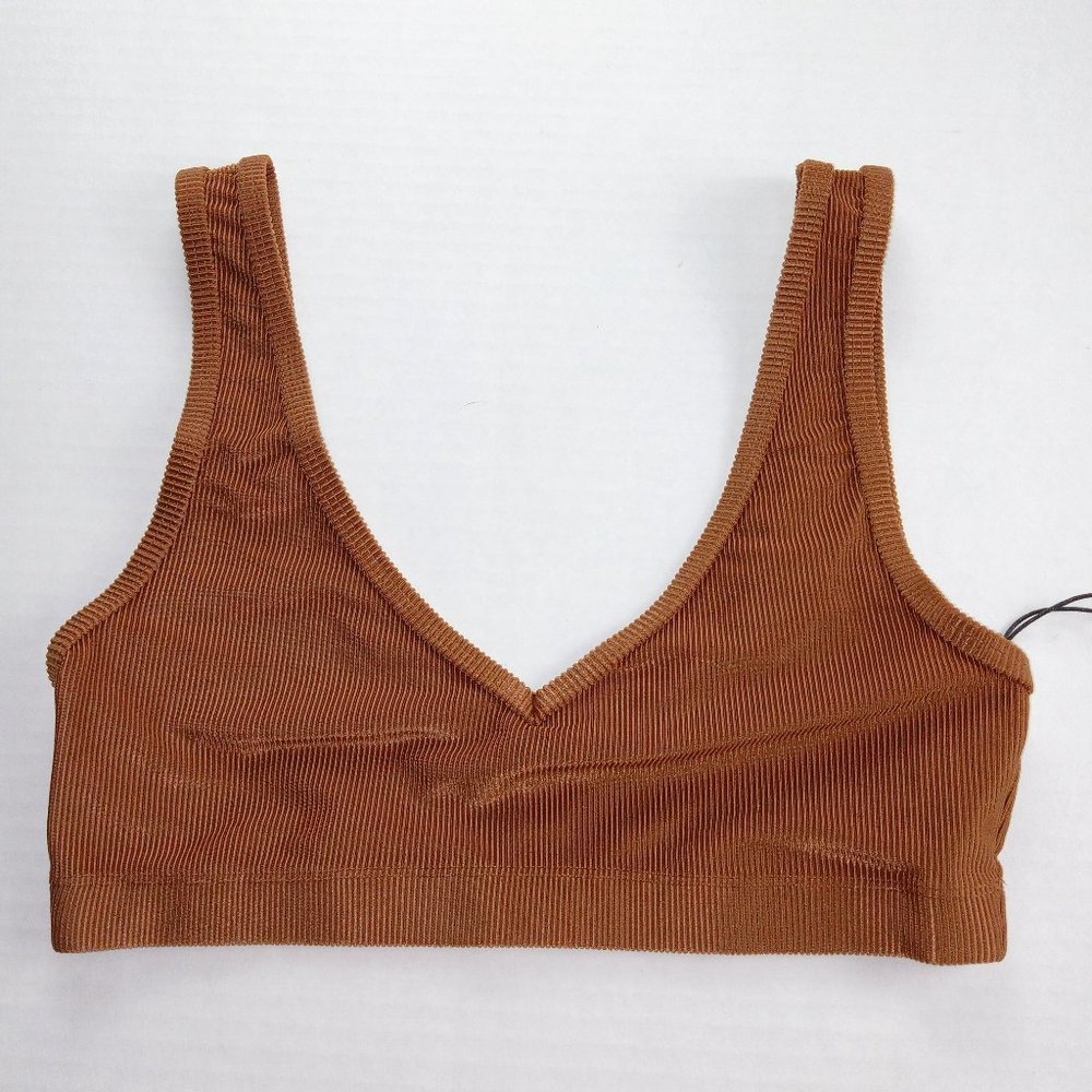 We Wore What Women's V-Neck Sports Bra Size Small Brown Ribbed Athletic